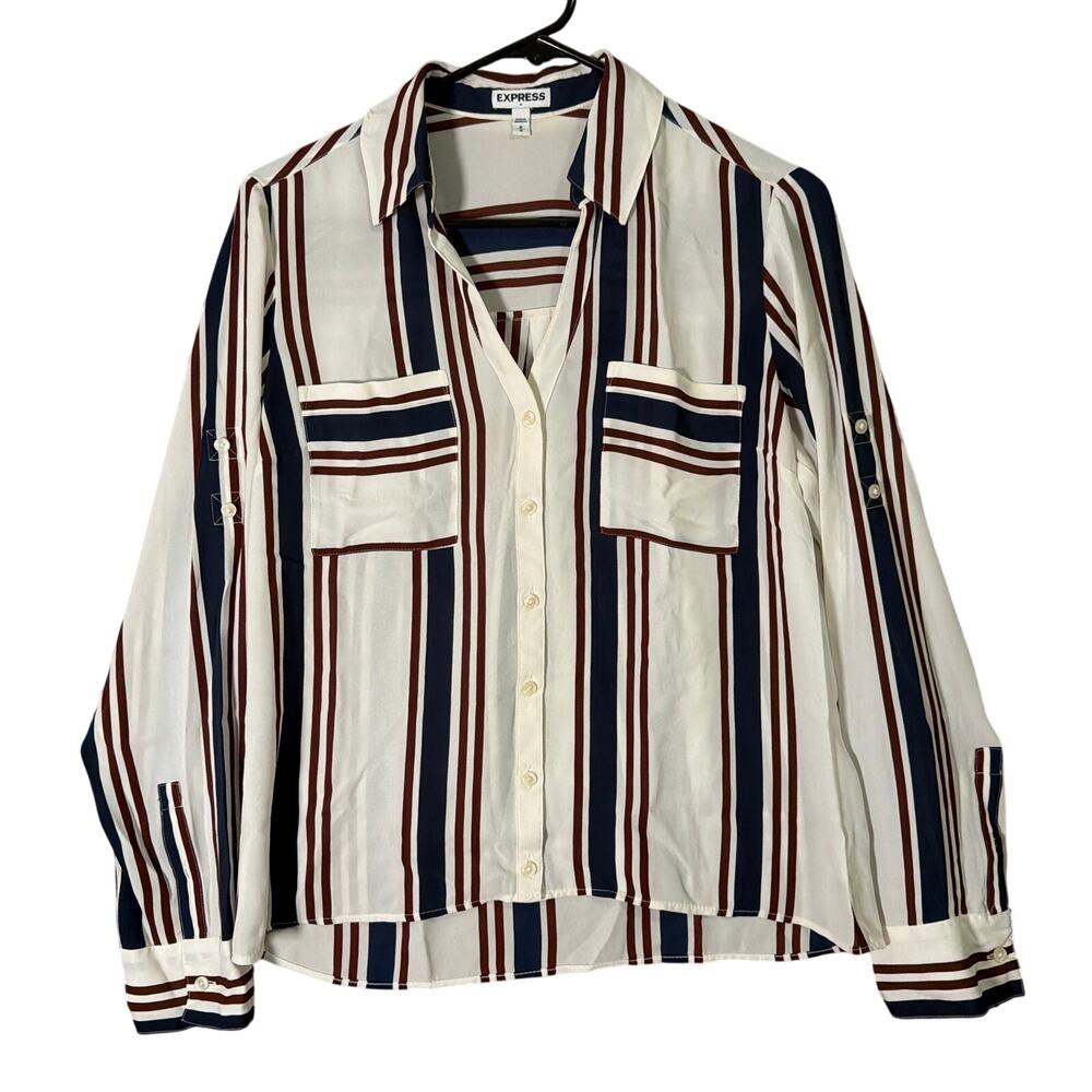 Express Womens Shirt White Multicolor Striped Collared Button Down Roll Tab M